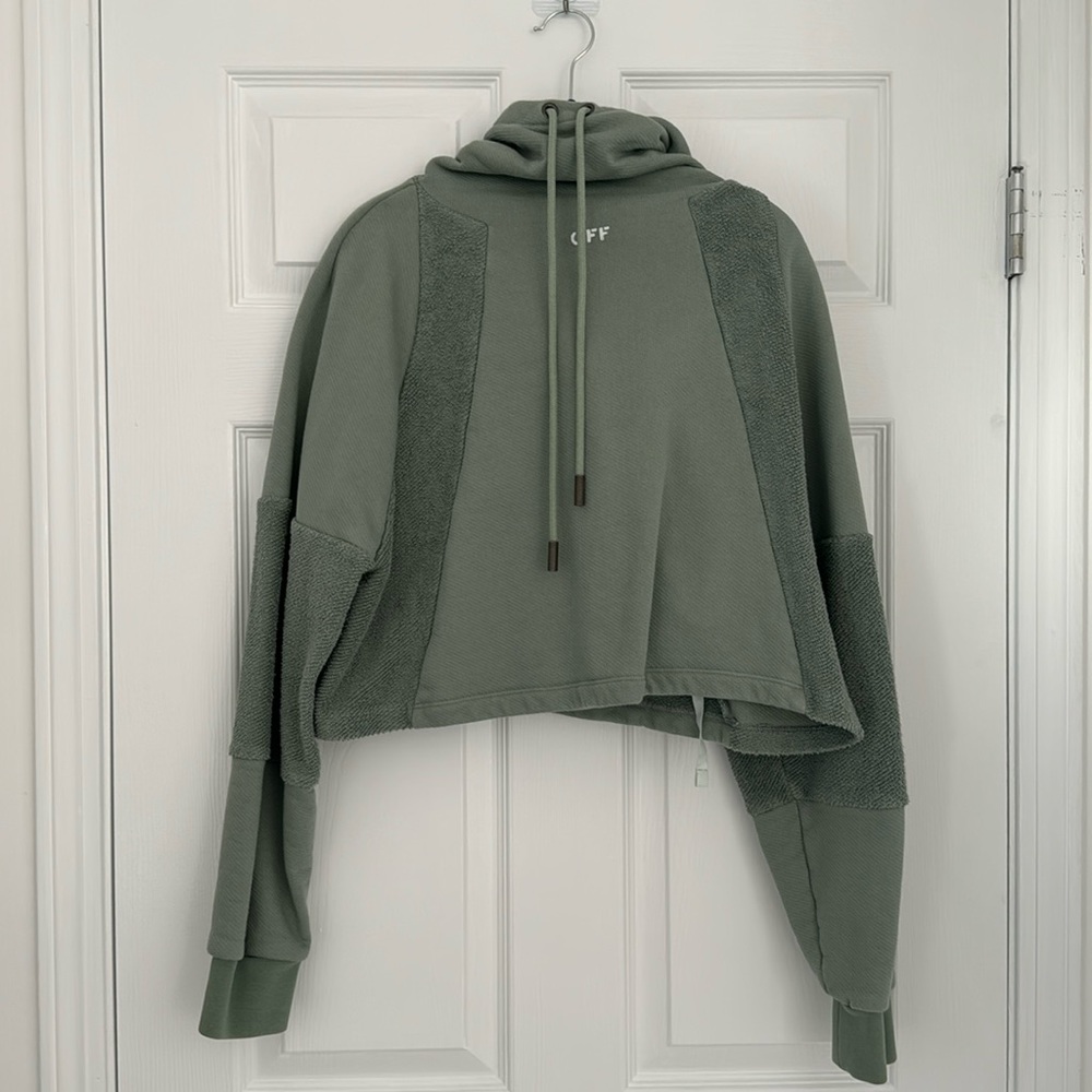 Off White hooded sweater. Size large. Pastel green color. Amazing condition